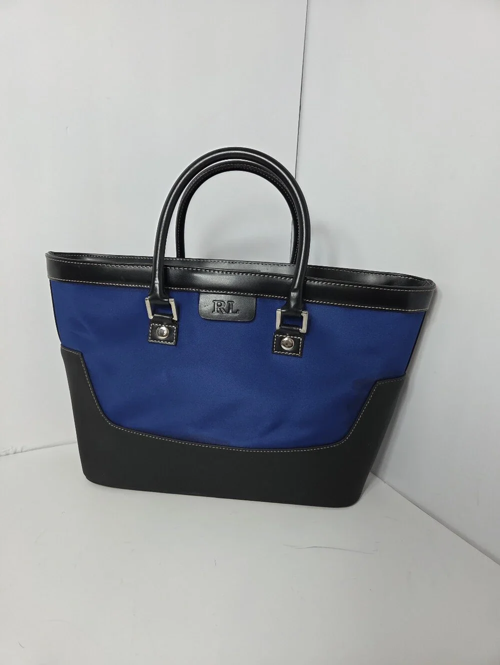 Lauren Ralph Lauren Blue and Black Structured Tote Bag Career Weekend City